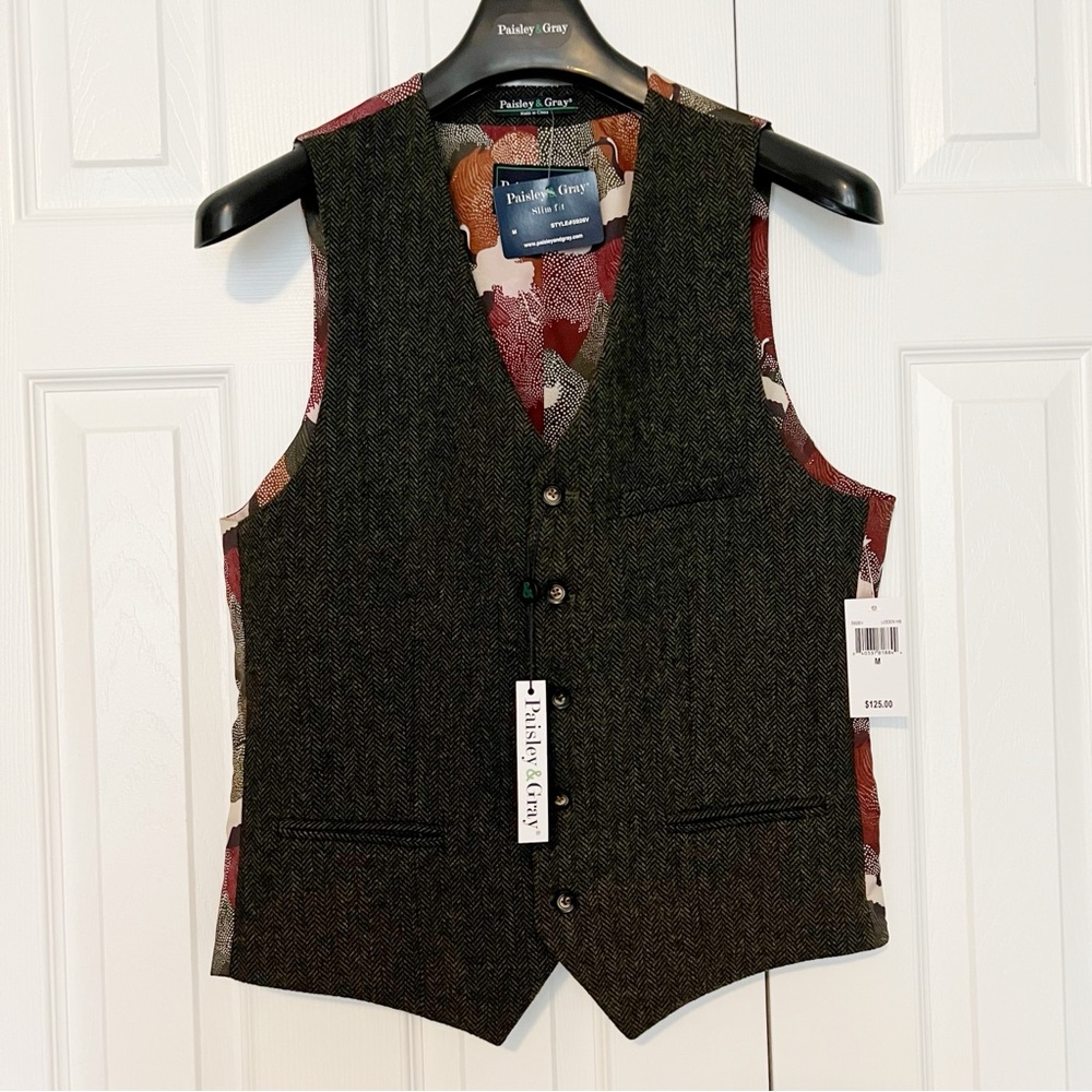 Paisley & Gray Green Herringbone Tweed Vest